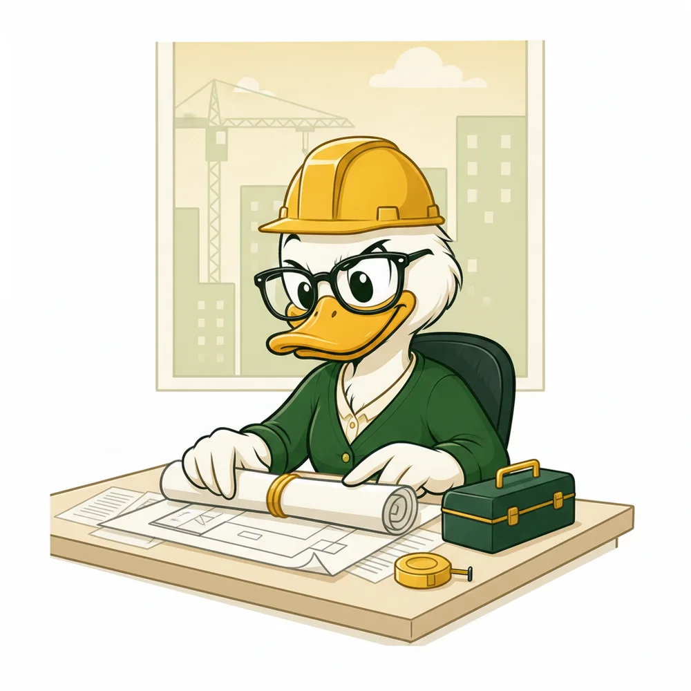 The LuckyDuck mascot, illustrated for construction